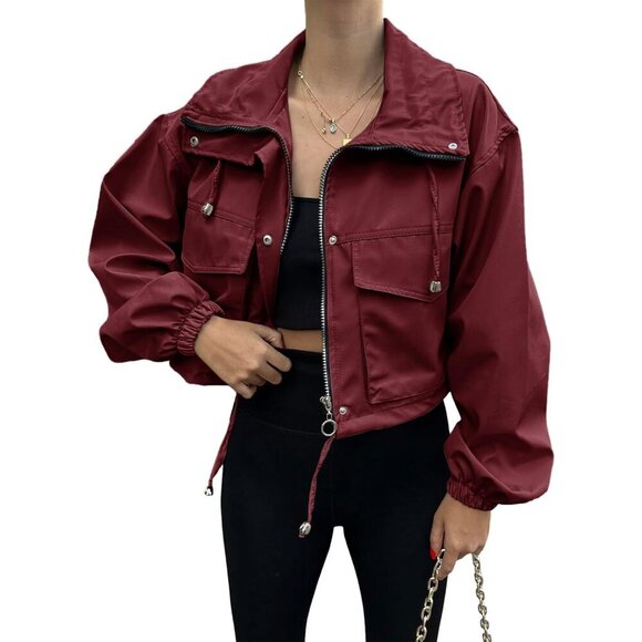 Womens Wine Red Tankaneo Cropped Jacket Zip Up Oversized Utility Anorak Coat - Picture 2 of 4